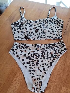 aerie Leopard Print Bikini Set in White, Black, Brown